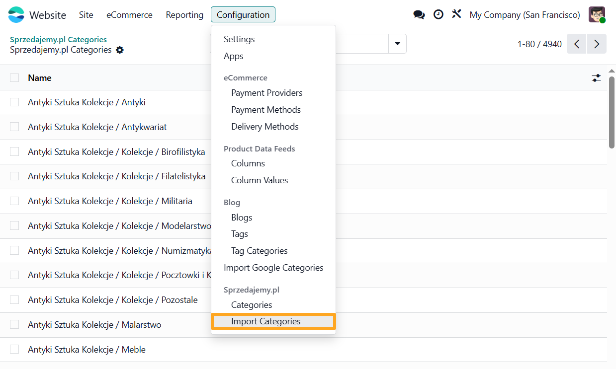 odoo website configuration sprzedajemy import categories
